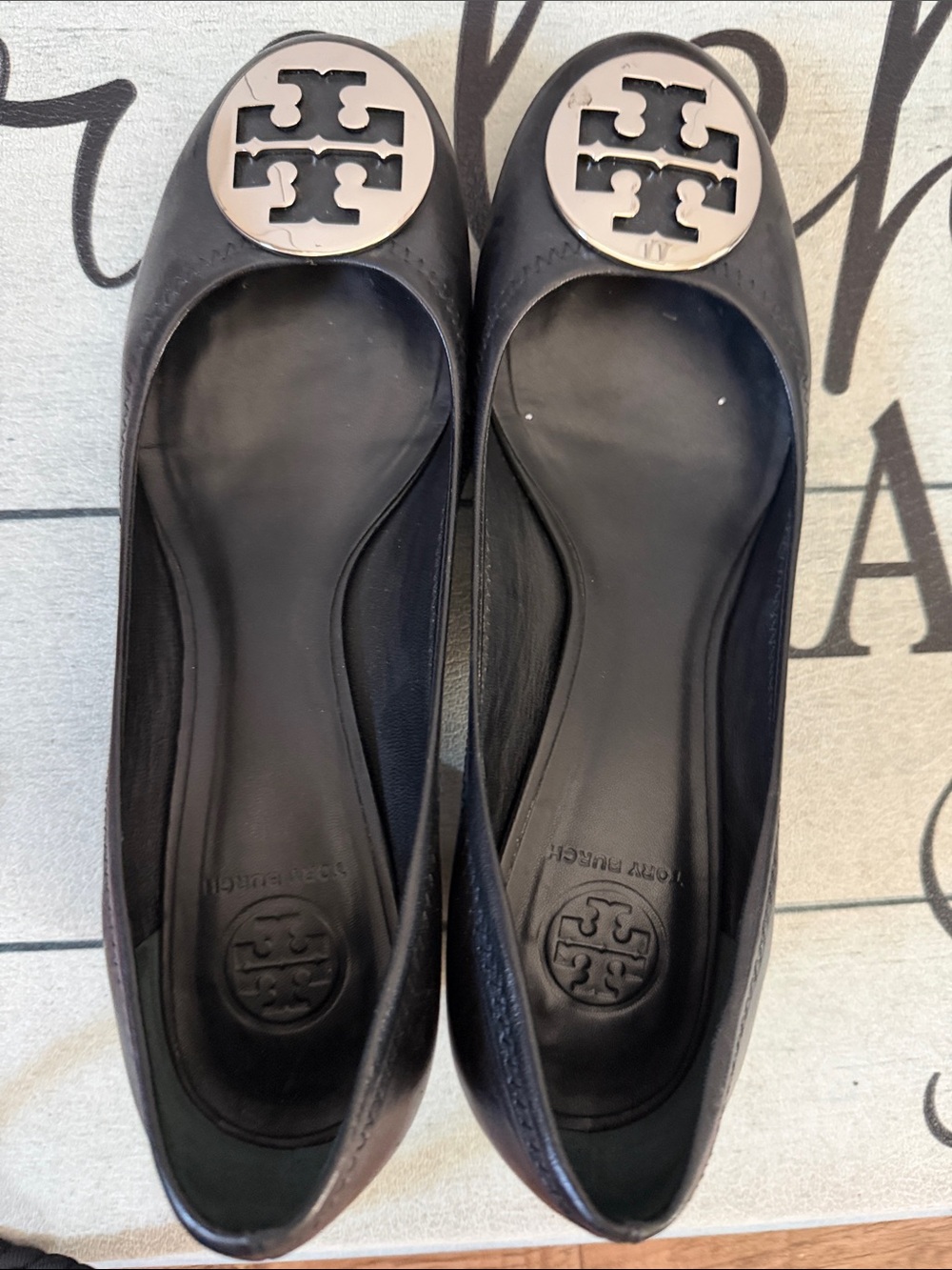Tory Burch Black Leather Logo Ballet Flats with Silver Medallions